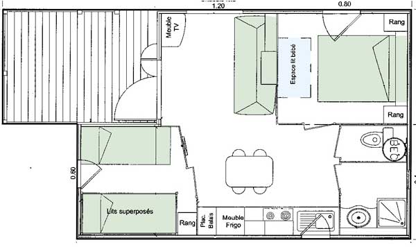 plan chalet Twin  à louer camping La Tremblade Charente Maritime